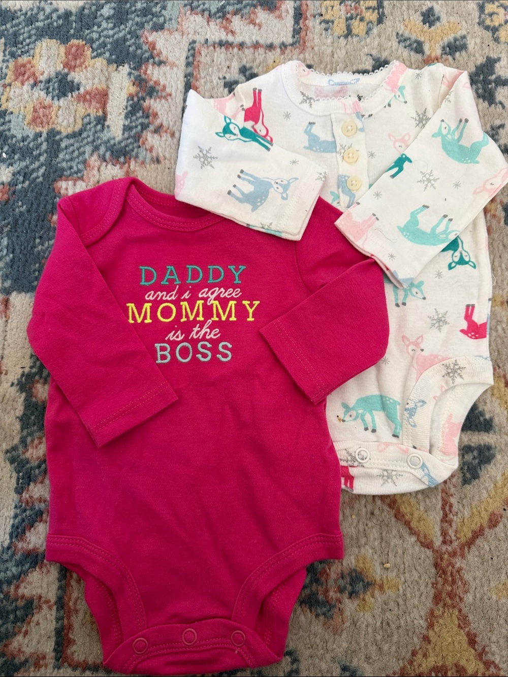 Carter's nb Baby Girl Long-Sleeve One-Piece Bodysuits - Pink & Cream Deer Print